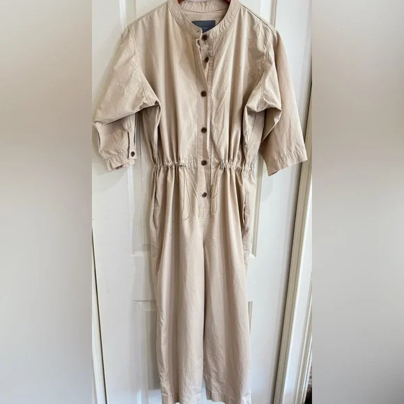 Beige Utility Jumpsuit Button Front Drawstring Waist Cropped Pockets Womens M - Picture 6 of 9